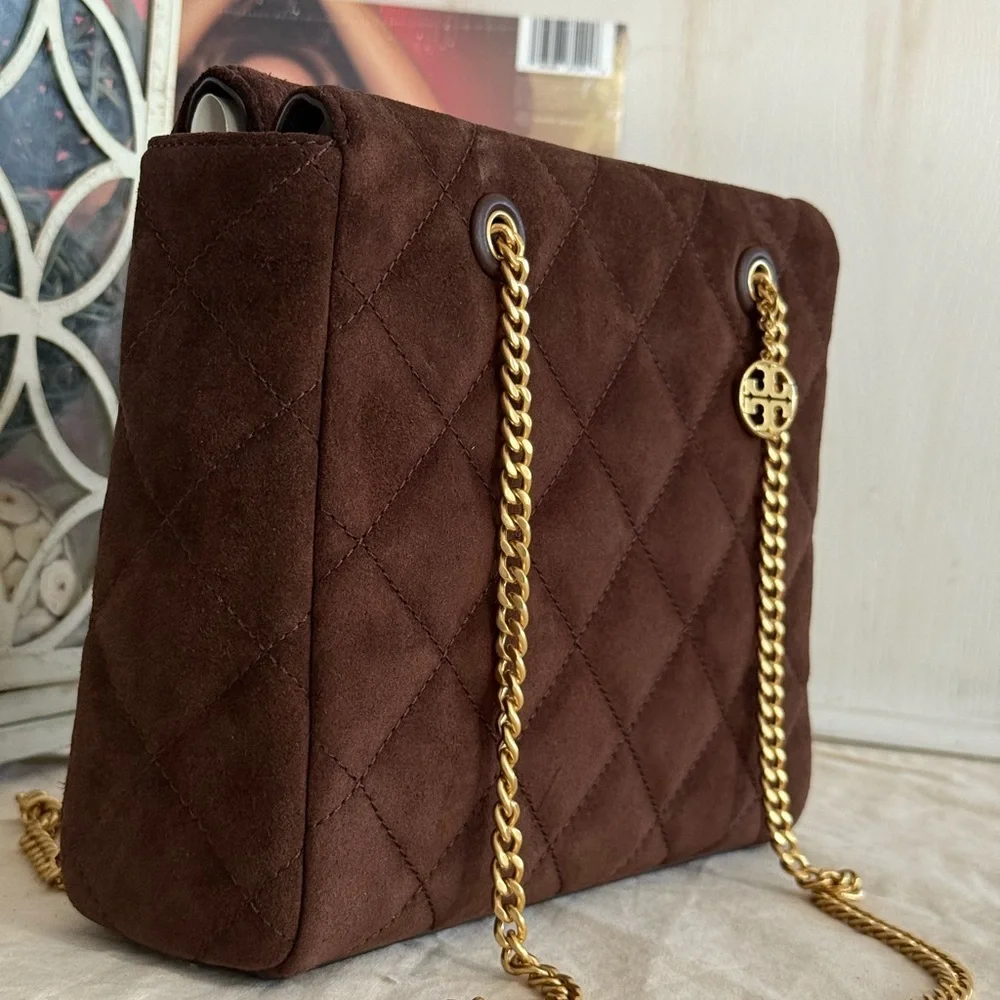 NWT 678! Tory Burch Willa Suede Small Zip Top Tote in Dark Cocoa Brown